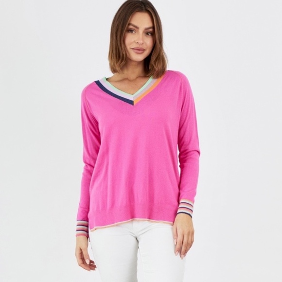 Zaket & Plover Sweaters - Cotton & Silk Stripe V-Neck Sweater by Zaket & Plover